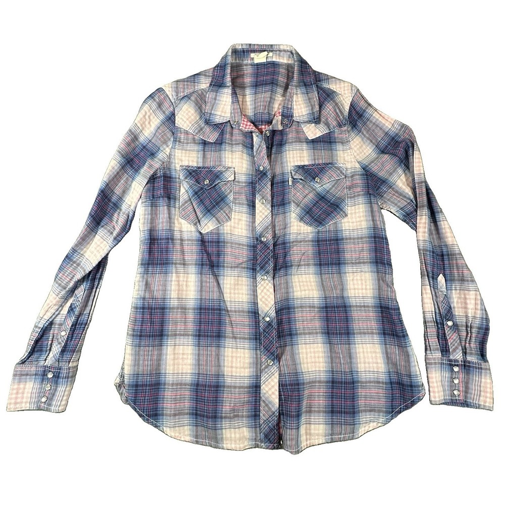 Levis Womens XL Blue Pink Plaid Western Pearl Snap Up Long Sleeve Shirt Rodeo
